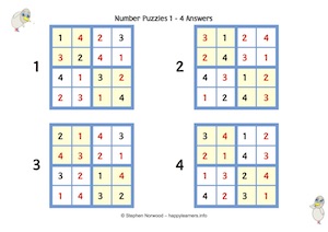 4x4 Number Puzzles 1-4 Answer Sheet